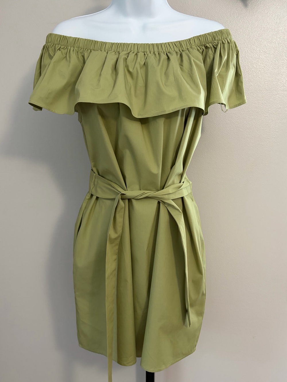 NWT Umgee Sage  Green Off-Shoulder Mini Dress with Tie Waist